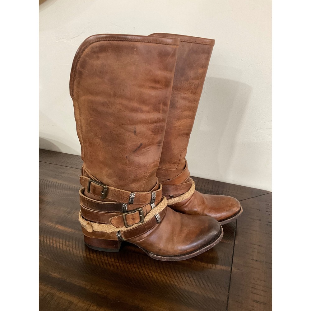 Free Bird Drove Tan Leather Harness Boots Rope Womens 7 distressed - Picture 2 of 16